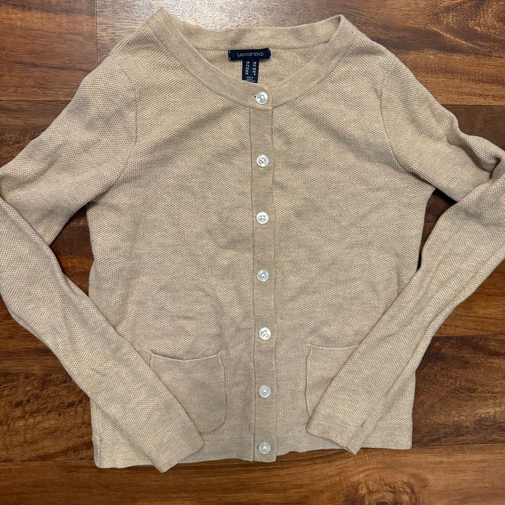Lands' End Women's Beige Button-Front Crewneck Cardigan